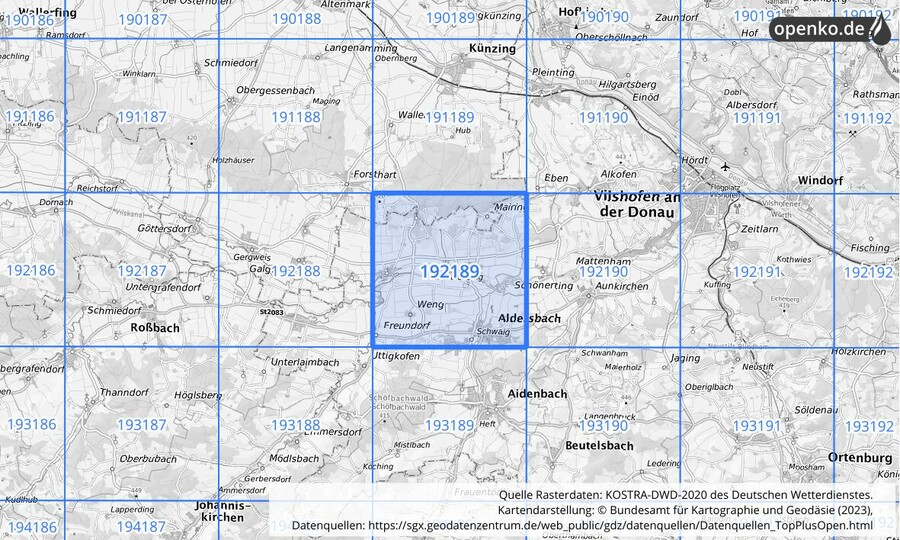 Übersichtskarte des KOSTRA-DWD-2020-Rasterfeldes Nr. 192189