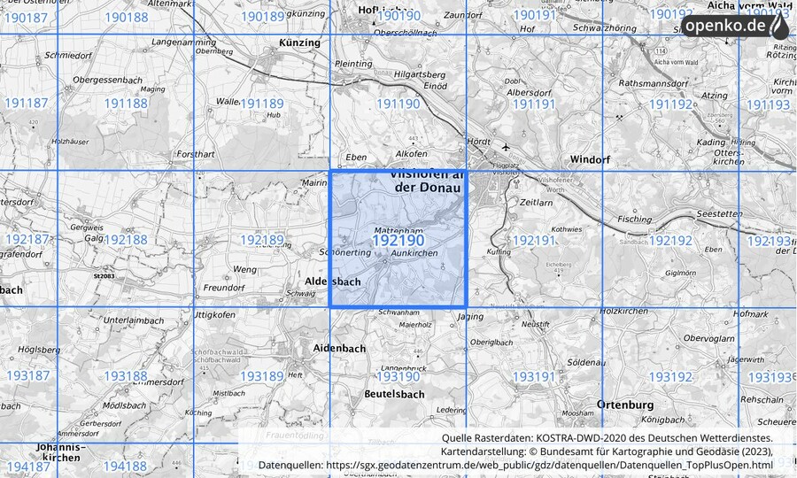 Übersichtskarte des KOSTRA-DWD-2020-Rasterfeldes Nr. 192190