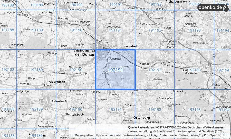 Übersichtskarte des KOSTRA-DWD-2020-Rasterfeldes Nr. 192191