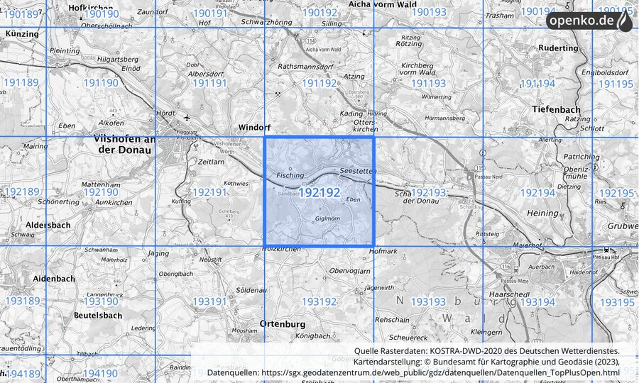 Übersichtskarte des KOSTRA-DWD-2020-Rasterfeldes Nr. 192192