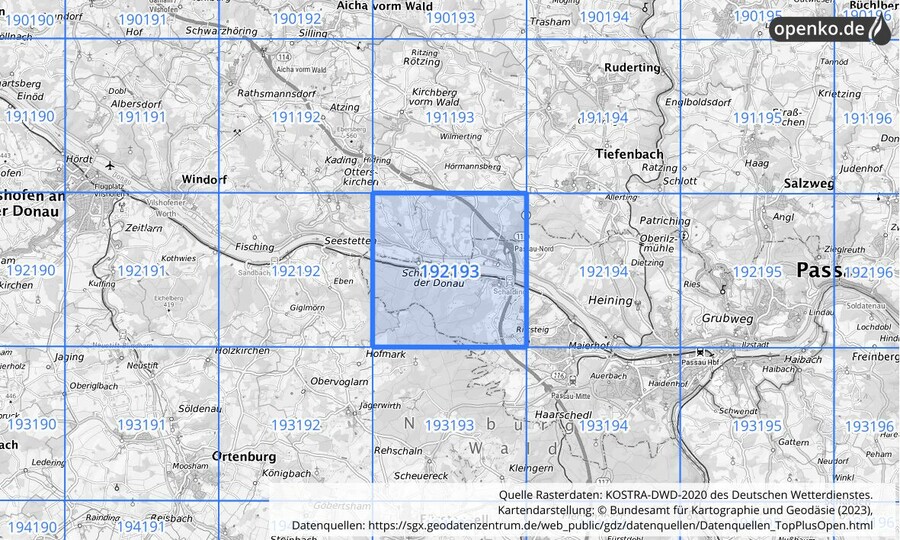 Übersichtskarte des KOSTRA-DWD-2020-Rasterfeldes Nr. 192193
