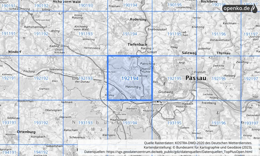 Übersichtskarte des KOSTRA-DWD-2020-Rasterfeldes Nr. 192194
