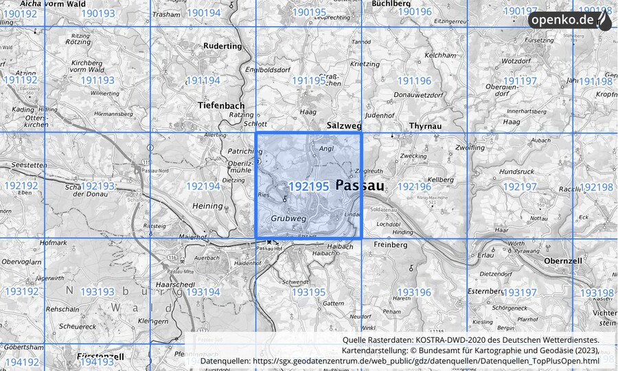 Übersichtskarte des KOSTRA-DWD-2020-Rasterfeldes Nr. 192195