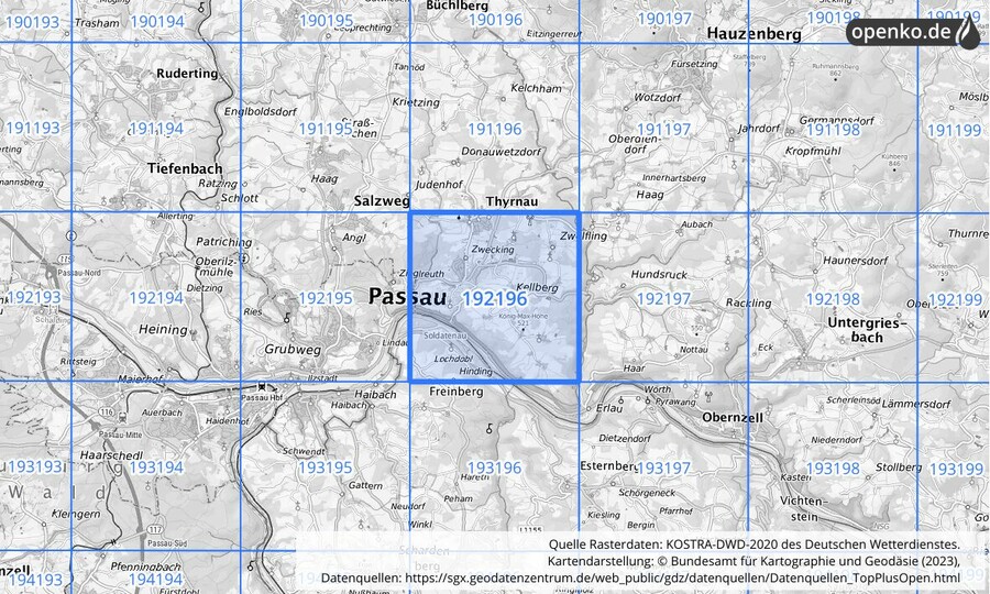 Übersichtskarte des KOSTRA-DWD-2020-Rasterfeldes Nr. 192196