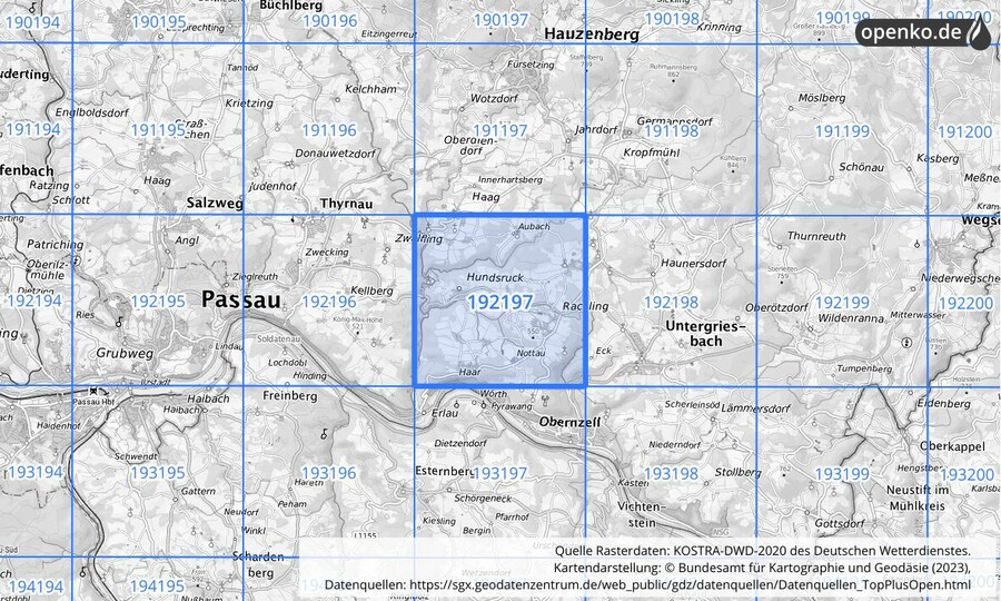 Übersichtskarte des KOSTRA-DWD-2020-Rasterfeldes Nr. 192197