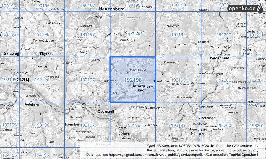 Übersichtskarte des KOSTRA-DWD-2020-Rasterfeldes Nr. 192198