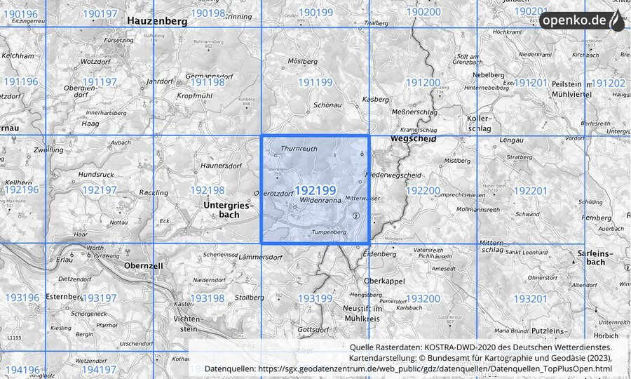 Übersichtskarte des KOSTRA-DWD-2020-Rasterfeldes Nr. 192199