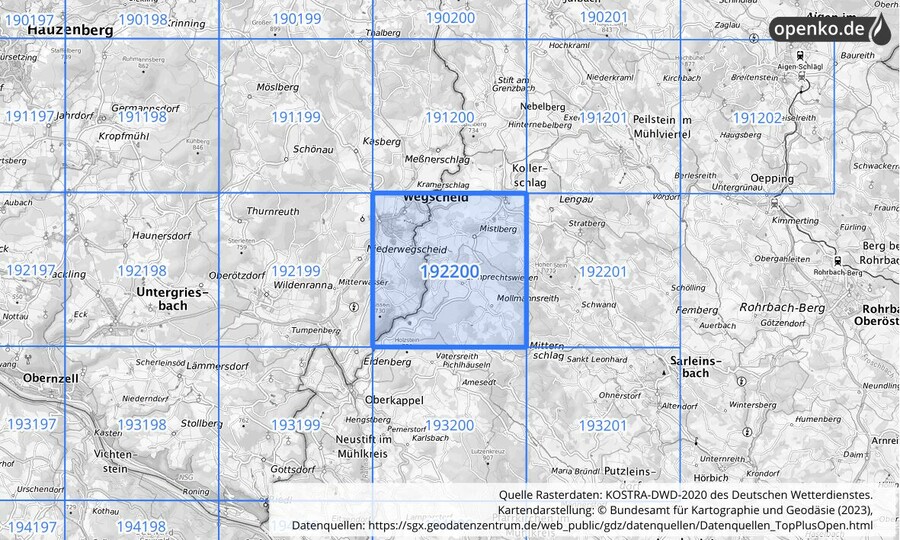 Übersichtskarte des KOSTRA-DWD-2020-Rasterfeldes Nr. 192200