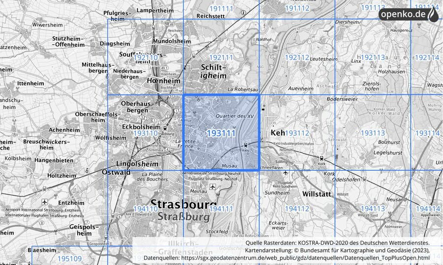 Übersichtskarte des KOSTRA-DWD-2020-Rasterfeldes Nr. 193111