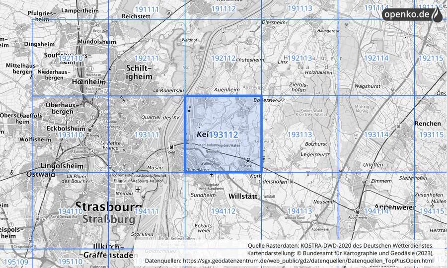 Übersichtskarte des KOSTRA-DWD-2020-Rasterfeldes Nr. 193112