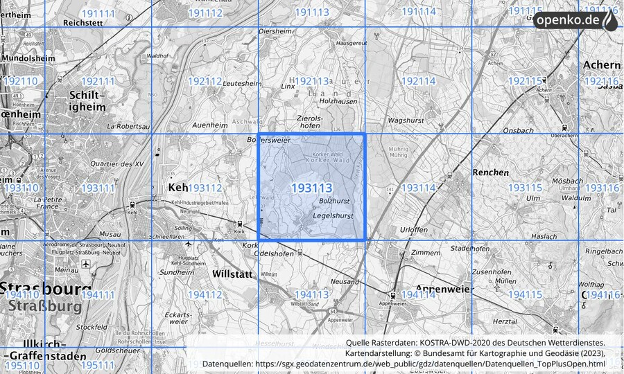 Übersichtskarte des KOSTRA-DWD-2020-Rasterfeldes Nr. 193113