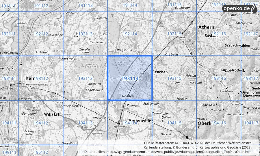 Übersichtskarte des KOSTRA-DWD-2020-Rasterfeldes Nr. 193114