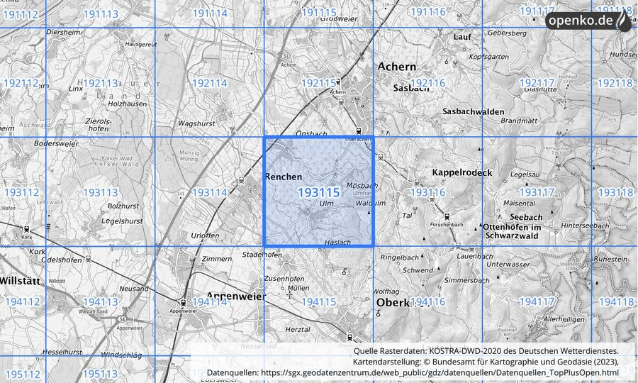Übersichtskarte des KOSTRA-DWD-2020-Rasterfeldes Nr. 193115