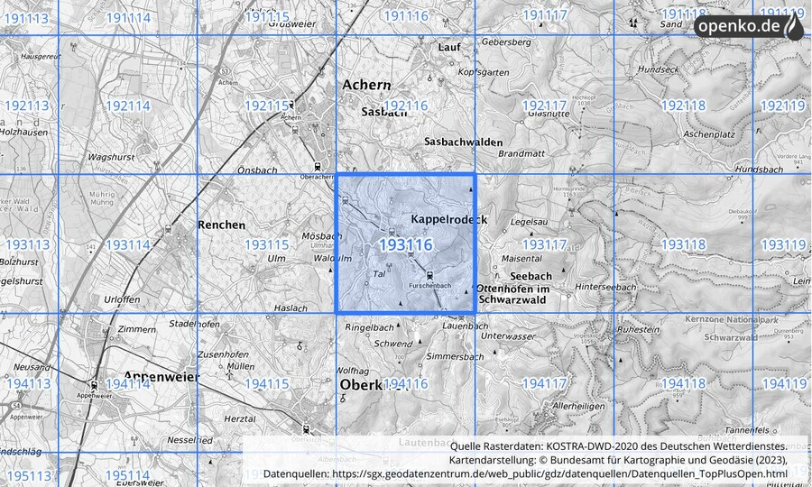 Übersichtskarte des KOSTRA-DWD-2020-Rasterfeldes Nr. 193116