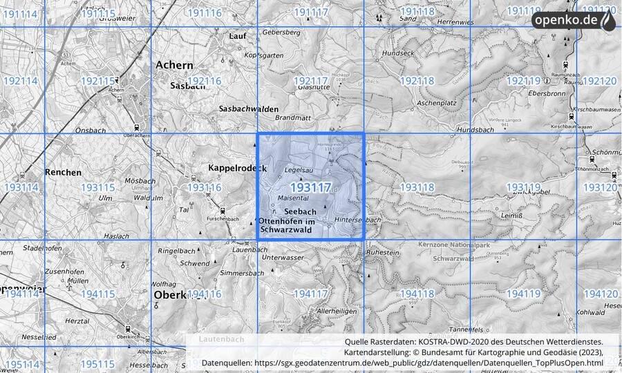 Übersichtskarte des KOSTRA-DWD-2020-Rasterfeldes Nr. 193117