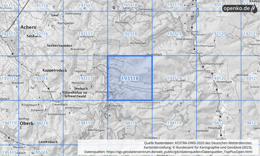 Übersichtskarte des KOSTRA-DWD-2020-Rasterfeldes Nr. 193118