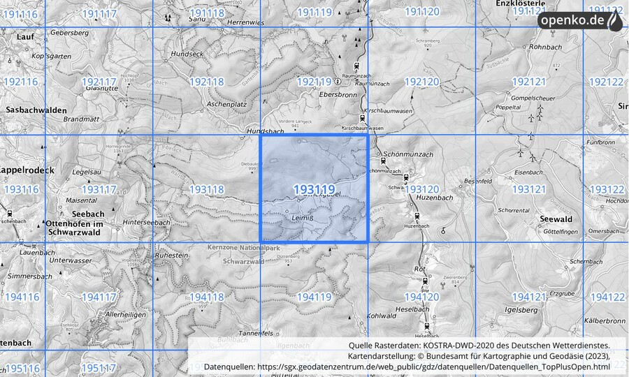 Übersichtskarte des KOSTRA-DWD-2020-Rasterfeldes Nr. 193119