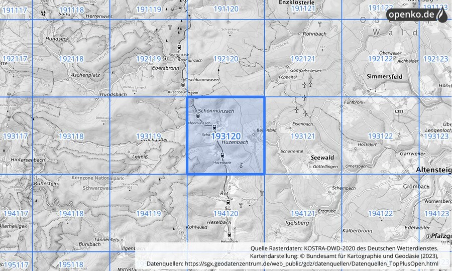 Übersichtskarte des KOSTRA-DWD-2020-Rasterfeldes Nr. 193120