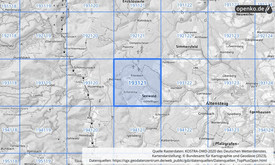 Übersichtskarte des KOSTRA-DWD-2020-Rasterfeldes Nr. 193121