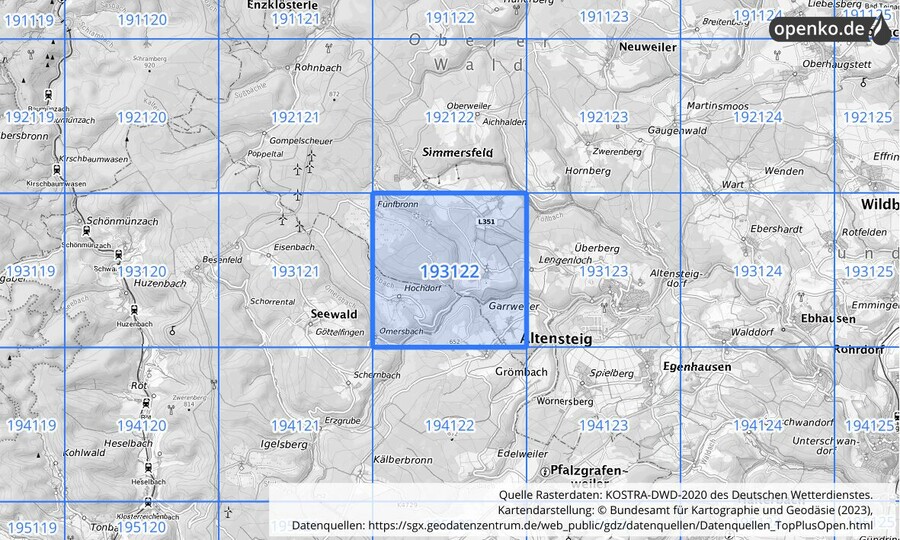 Übersichtskarte des KOSTRA-DWD-2020-Rasterfeldes Nr. 193122