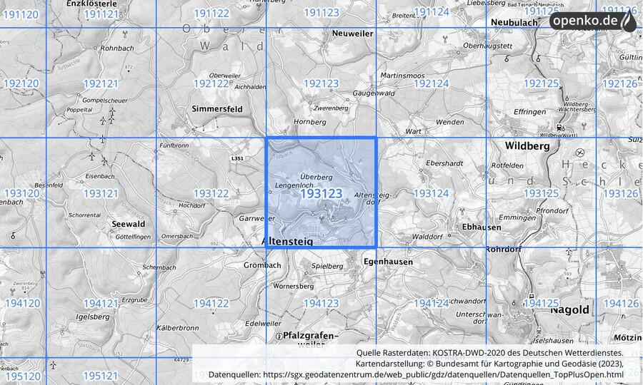 Übersichtskarte des KOSTRA-DWD-2020-Rasterfeldes Nr. 193123