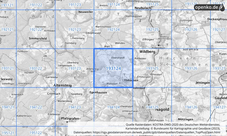 Übersichtskarte des KOSTRA-DWD-2020-Rasterfeldes Nr. 193124