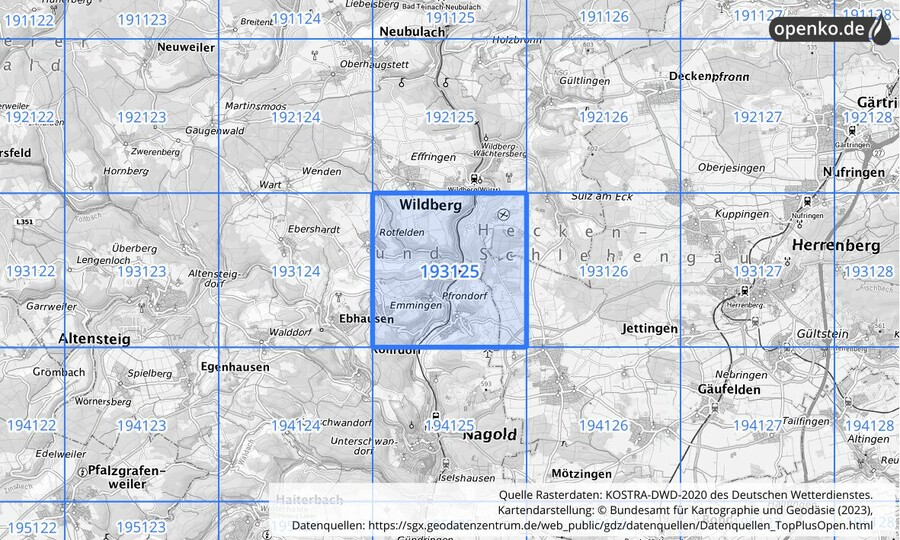 Übersichtskarte des KOSTRA-DWD-2020-Rasterfeldes Nr. 193125