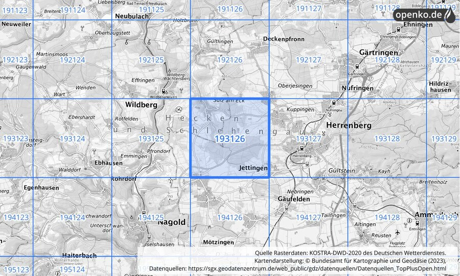 Übersichtskarte des KOSTRA-DWD-2020-Rasterfeldes Nr. 193126