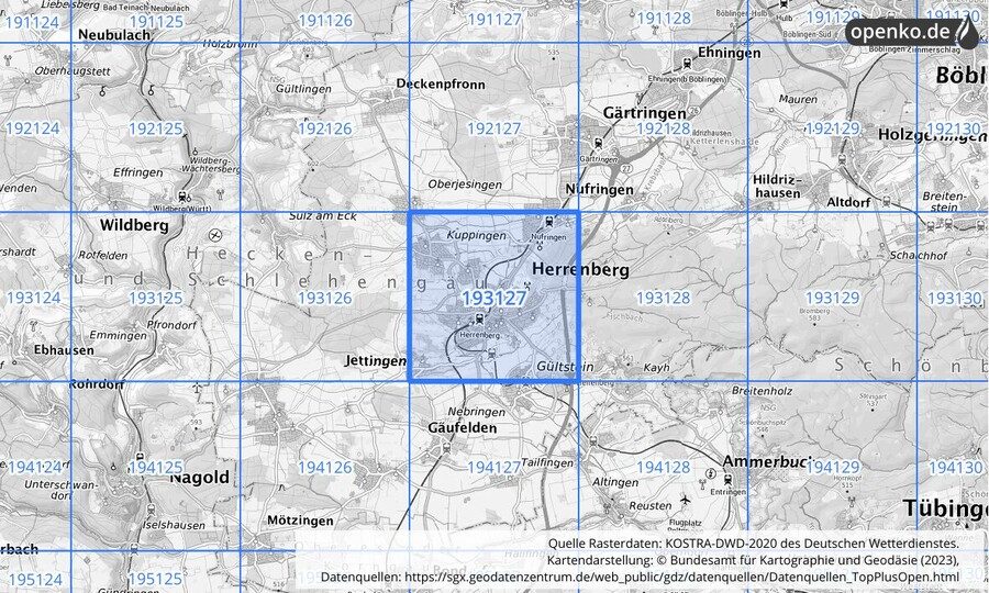 Übersichtskarte des KOSTRA-DWD-2020-Rasterfeldes Nr. 193127