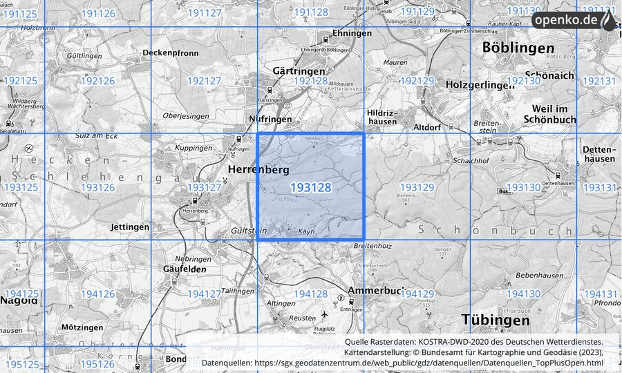 Übersichtskarte des KOSTRA-DWD-2020-Rasterfeldes Nr. 193128