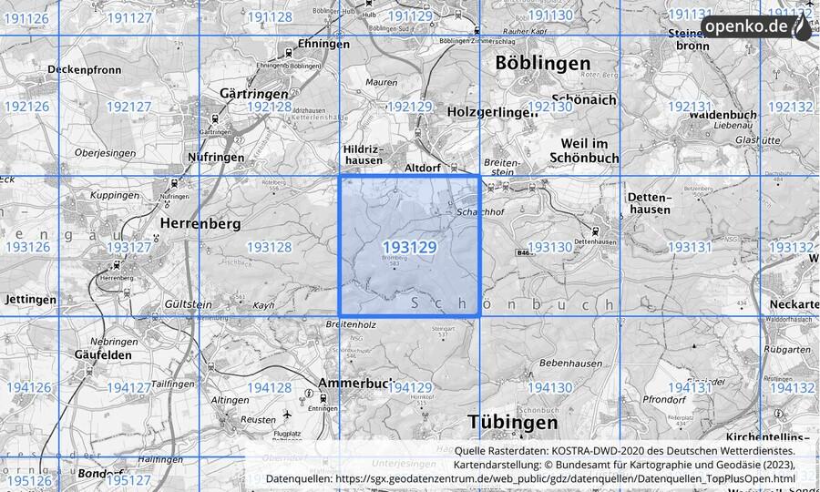 Übersichtskarte des KOSTRA-DWD-2020-Rasterfeldes Nr. 193129