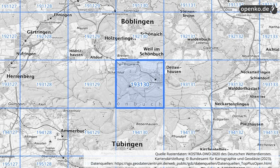 Übersichtskarte des KOSTRA-DWD-2020-Rasterfeldes Nr. 193130