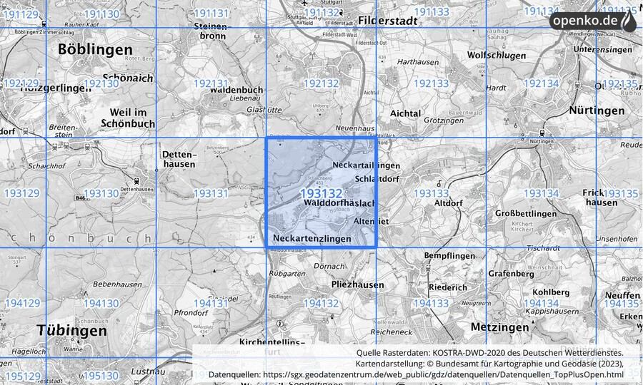 Übersichtskarte des KOSTRA-DWD-2020-Rasterfeldes Nr. 193132