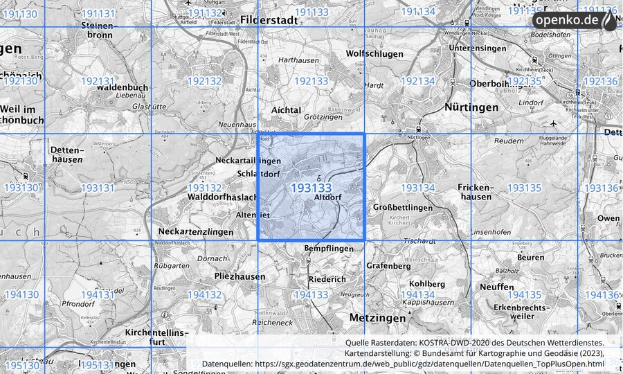 Übersichtskarte des KOSTRA-DWD-2020-Rasterfeldes Nr. 193133