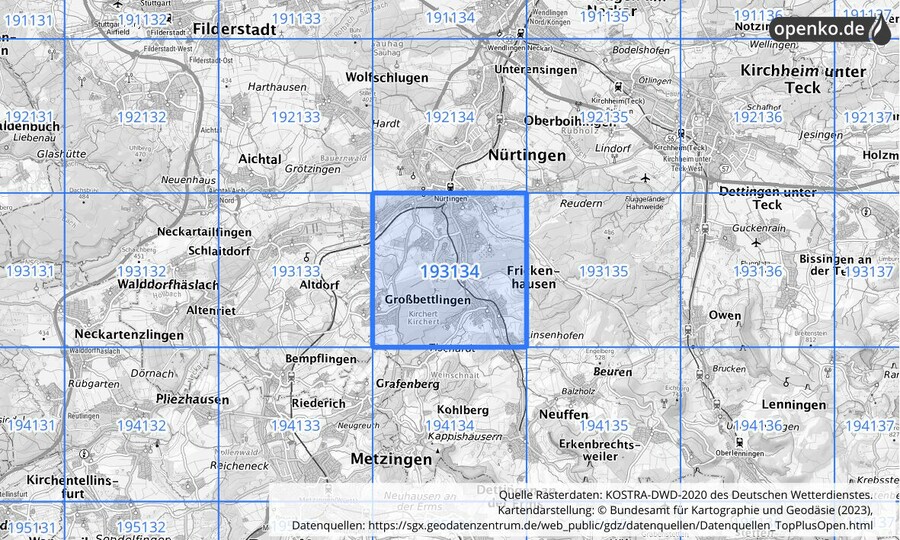 Übersichtskarte des KOSTRA-DWD-2020-Rasterfeldes Nr. 193134