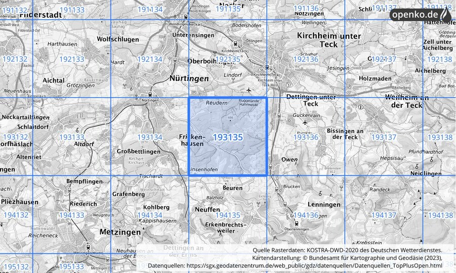 Übersichtskarte des KOSTRA-DWD-2020-Rasterfeldes Nr. 193135