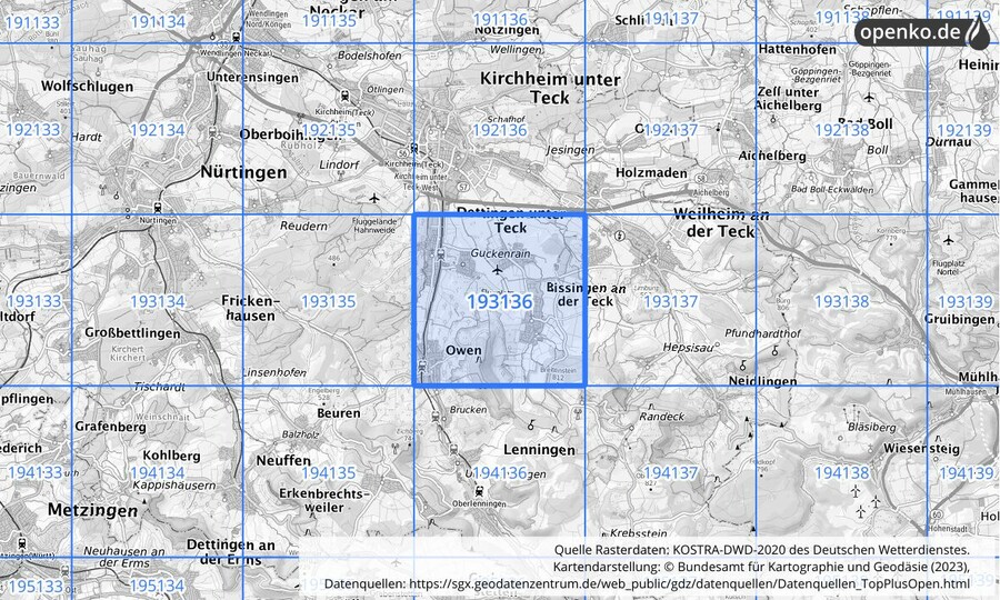 Übersichtskarte des KOSTRA-DWD-2020-Rasterfeldes Nr. 193136