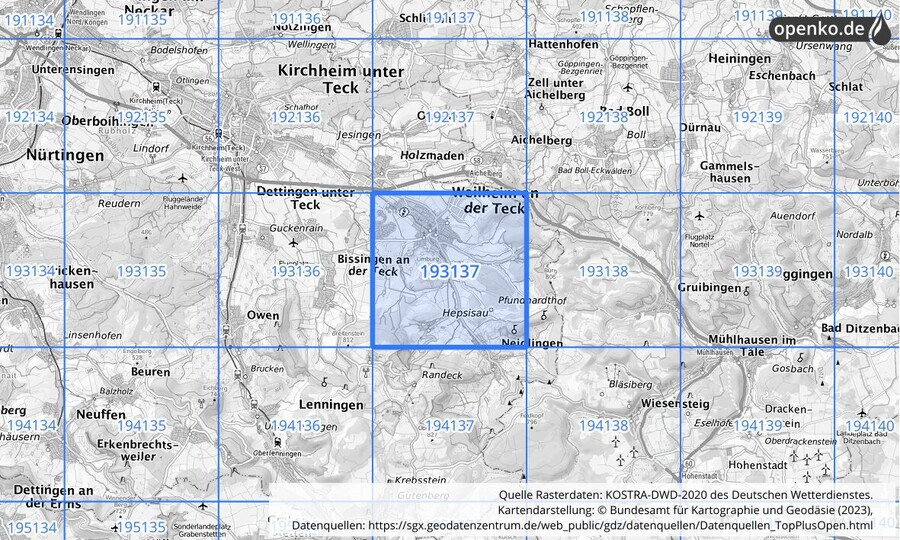 Übersichtskarte des KOSTRA-DWD-2020-Rasterfeldes Nr. 193137