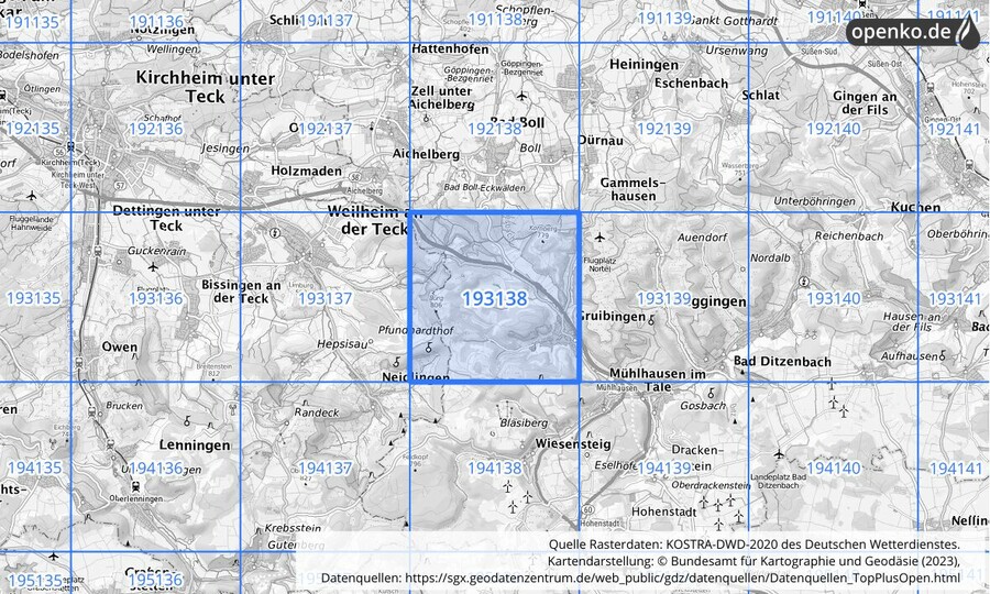 Übersichtskarte des KOSTRA-DWD-2020-Rasterfeldes Nr. 193138