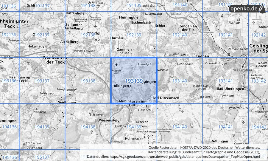 Übersichtskarte des KOSTRA-DWD-2020-Rasterfeldes Nr. 193139