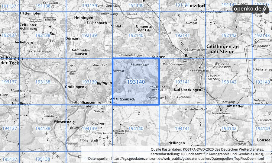 Übersichtskarte des KOSTRA-DWD-2020-Rasterfeldes Nr. 193140