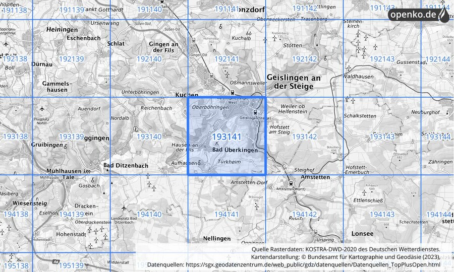 Übersichtskarte des KOSTRA-DWD-2020-Rasterfeldes Nr. 193141