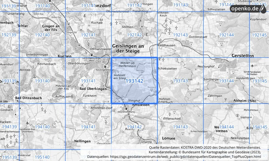 Übersichtskarte des KOSTRA-DWD-2020-Rasterfeldes Nr. 193142