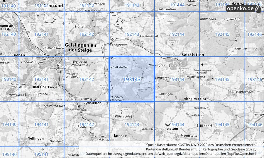 Übersichtskarte des KOSTRA-DWD-2020-Rasterfeldes Nr. 193143