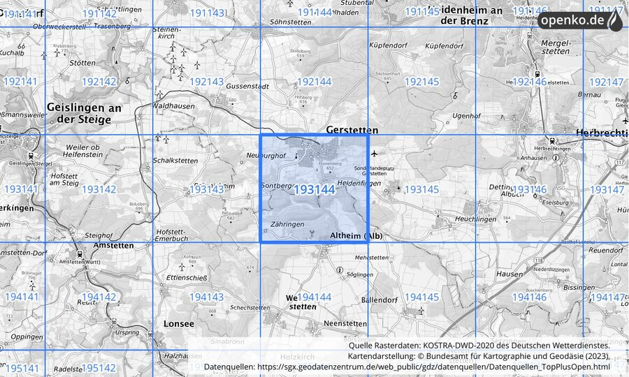 Übersichtskarte des KOSTRA-DWD-2020-Rasterfeldes Nr. 193144