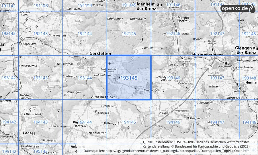 Übersichtskarte des KOSTRA-DWD-2020-Rasterfeldes Nr. 193145