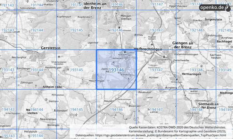 Übersichtskarte des KOSTRA-DWD-2020-Rasterfeldes Nr. 193146