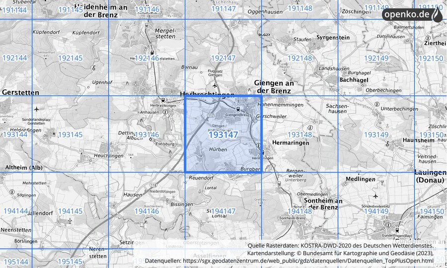 Übersichtskarte des KOSTRA-DWD-2020-Rasterfeldes Nr. 193147