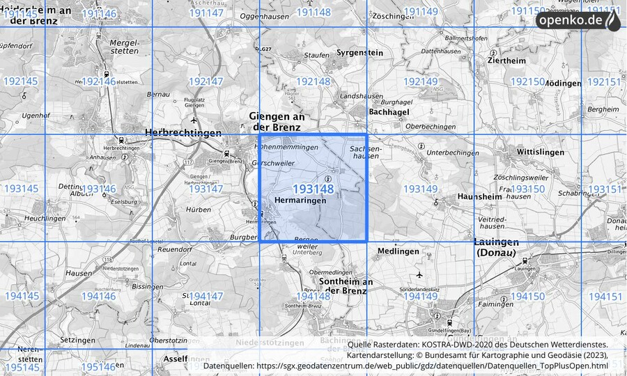 Übersichtskarte des KOSTRA-DWD-2020-Rasterfeldes Nr. 193148