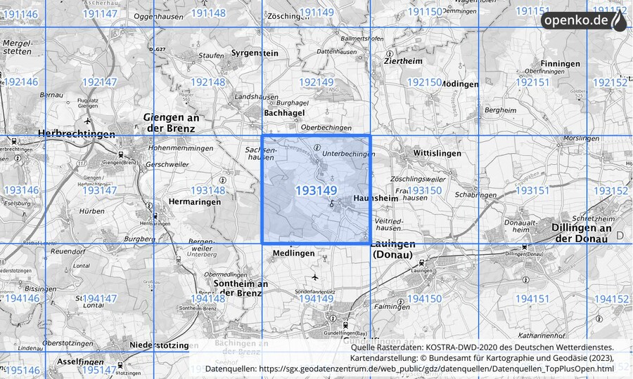 Übersichtskarte des KOSTRA-DWD-2020-Rasterfeldes Nr. 193149